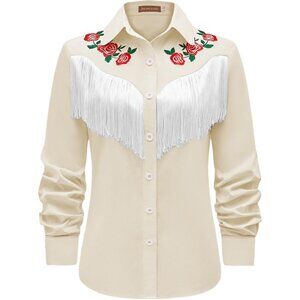 Women's Apricot Fringe Long Sleeve Floral Embroidered Collared Boho Rodeo Shirts
